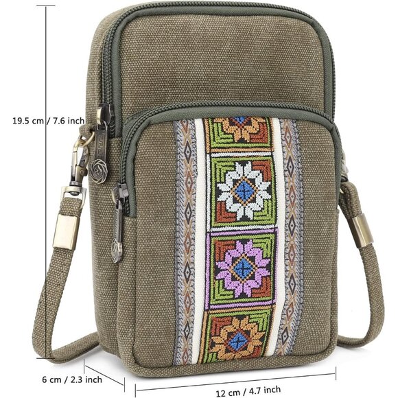 Women's S4 Army Green Vintage Embroidered Cute Mini Cross Body Bag Small Handbag - Picture 5 of 7